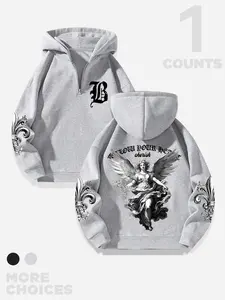 Men's Angel & Letter Print Zip Up Thermal Lined Graphic Print Hoodie, Casual Regular Fit Long Sleeve Drop Shoulder Hooded Sweatshirt for Fall & Winter, Men's Top for Daily Wear