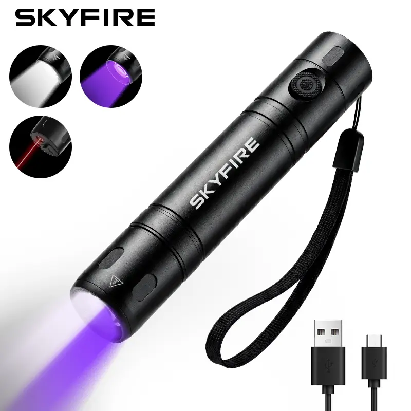 SKYFIRE UV Black light Flashlight，Rechargeable 2-in-1 LED White Light Flashlight and BlackLight 372nm, Waterproof, Zoomable, Super Bright LED for Camping, Hiking, Pet Urine Detection, Scorpion Detection