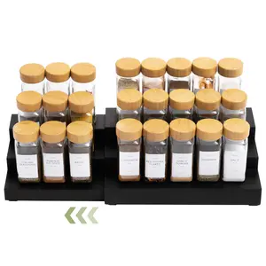 Expandable Spice Rack Organizer for Cabinet, 3-Tier Shelf for Spice Organization (11” to 22”), Fits 36 Spice Jars, Seasoning and Pantry Storage, Non-Slip Feet, 100% Bamboo, Black Finish