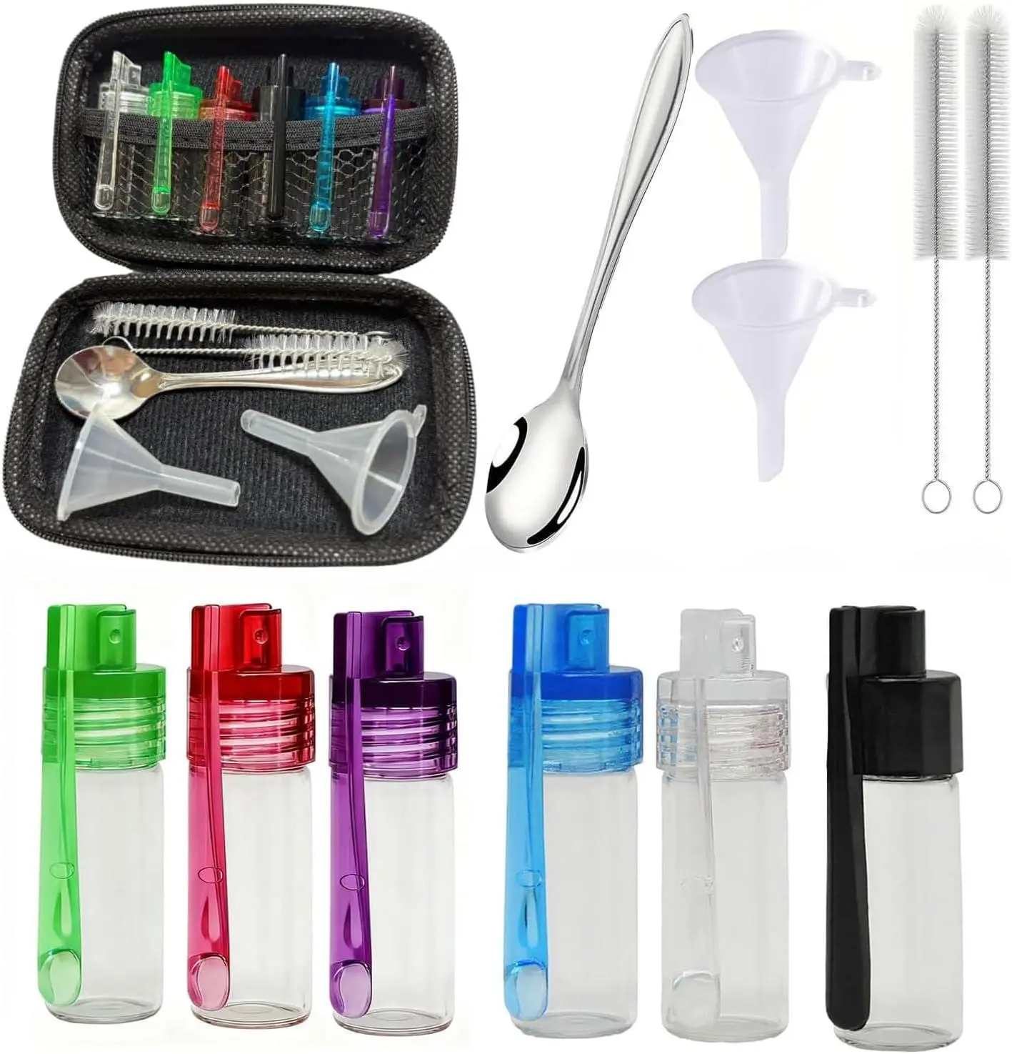 1Set Travel Spice Containers with Spoon, Leakproof Airtight Seasoning Containers Set with Storage Box, Funnels and Brushes, Portable Travel Spice Kit for Camping, Picnic, Cooking (Colorful)