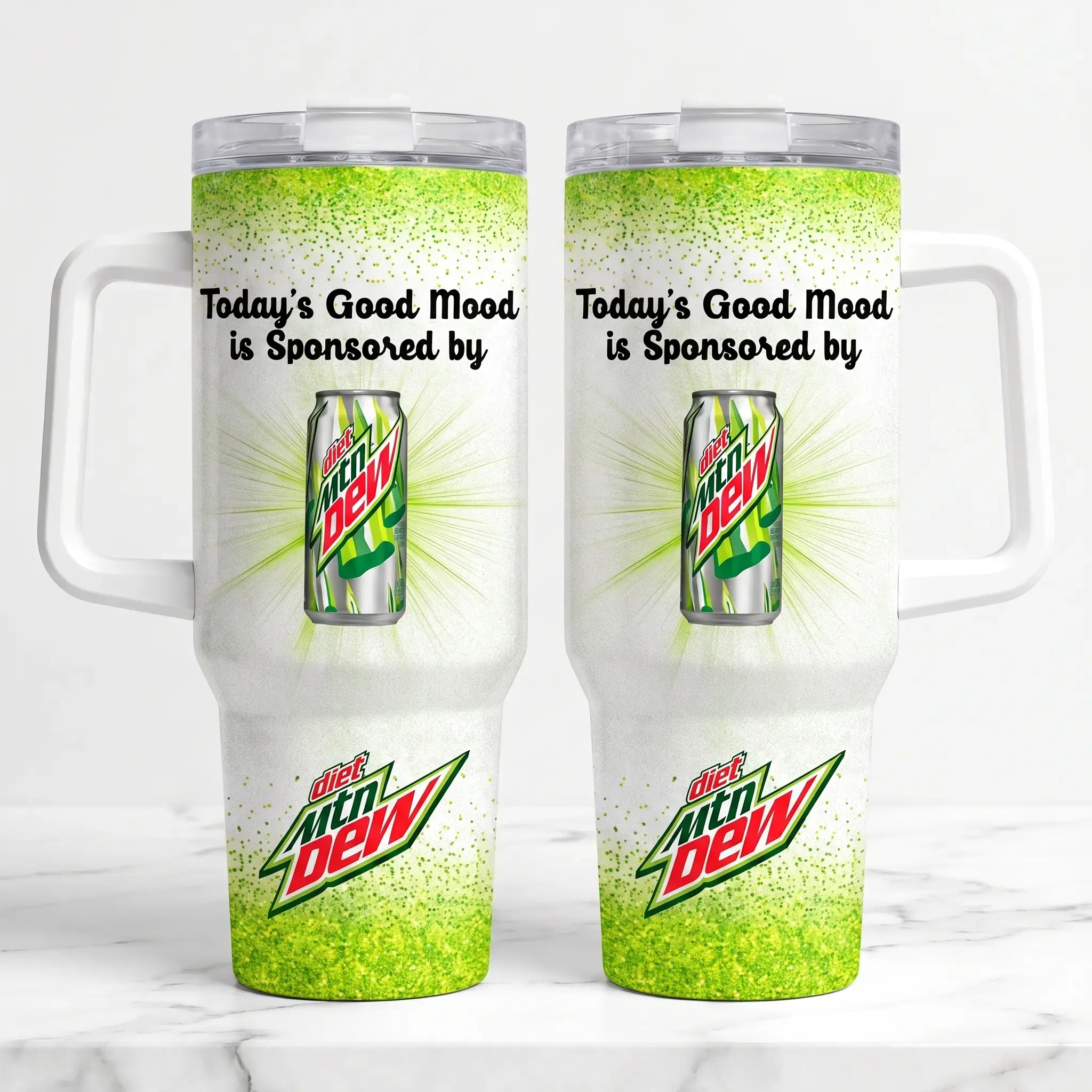 Today's Good Mood Is Sponsored By Diet Mtn Dew Tumbler With Handle 40oz, Lime Green Glitter Soda Mountain Dew Can Graphic Insulated Travel Mug, Stainless Steel Water Bottle Straw Cup Large Aesthetic Merchandise Funny Gifts For Her Men