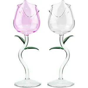 Rose Flower Wine Glasses, Creative Red Wine Glass Set of 2 Rose Flower Goblet Wine Cocktail Juice Glass for Party Dinner Wedding Festival Kitchen Bar Celebration (100Ml，2Pcs) Flylin