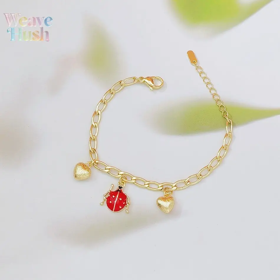 New Cute Ladybug Themed DIY Peach Heart Pendant Bracelet for Women, 18K Gold Copper‑Plated Versatile Dainty Fashion Jewelry