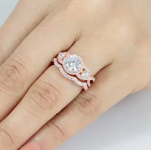 Rose Gold Plate Sterling Silver CZ Wedding Band Engagement Ring Bridal Rings Set Stackable Ring Guard Travel Ring Size 2.5-15 W53R