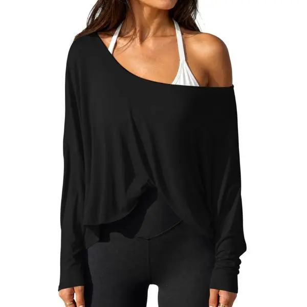 Fisoew Womens Off the Shoulder Tops Oversized Batwing Long Sleeve Workout T Shirts Asymmetrical Casual Tee