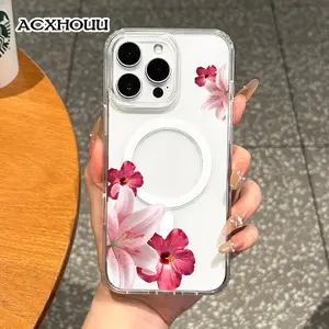 Girly Magnetic Case for iPhone11/12/13/14/15/16/17/promax, Lily Hibiscus Frame MagSafe Ready, Slim Fit, Drop-Proof | Perfect for Soft Girl Aesthetic