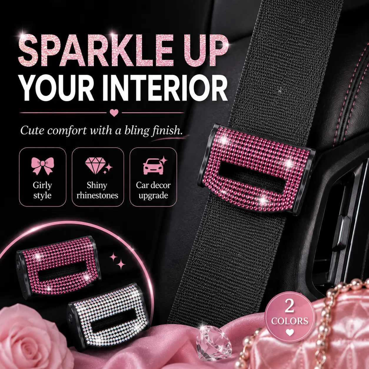 Bling Diamond Car Seat Belt Adjuster Stopper, Universal Fit Luxury Rhinestone Seatbelt Lock Clip for Commutes & Road Trips, Easy to Adjust Vehicle Interior Essential