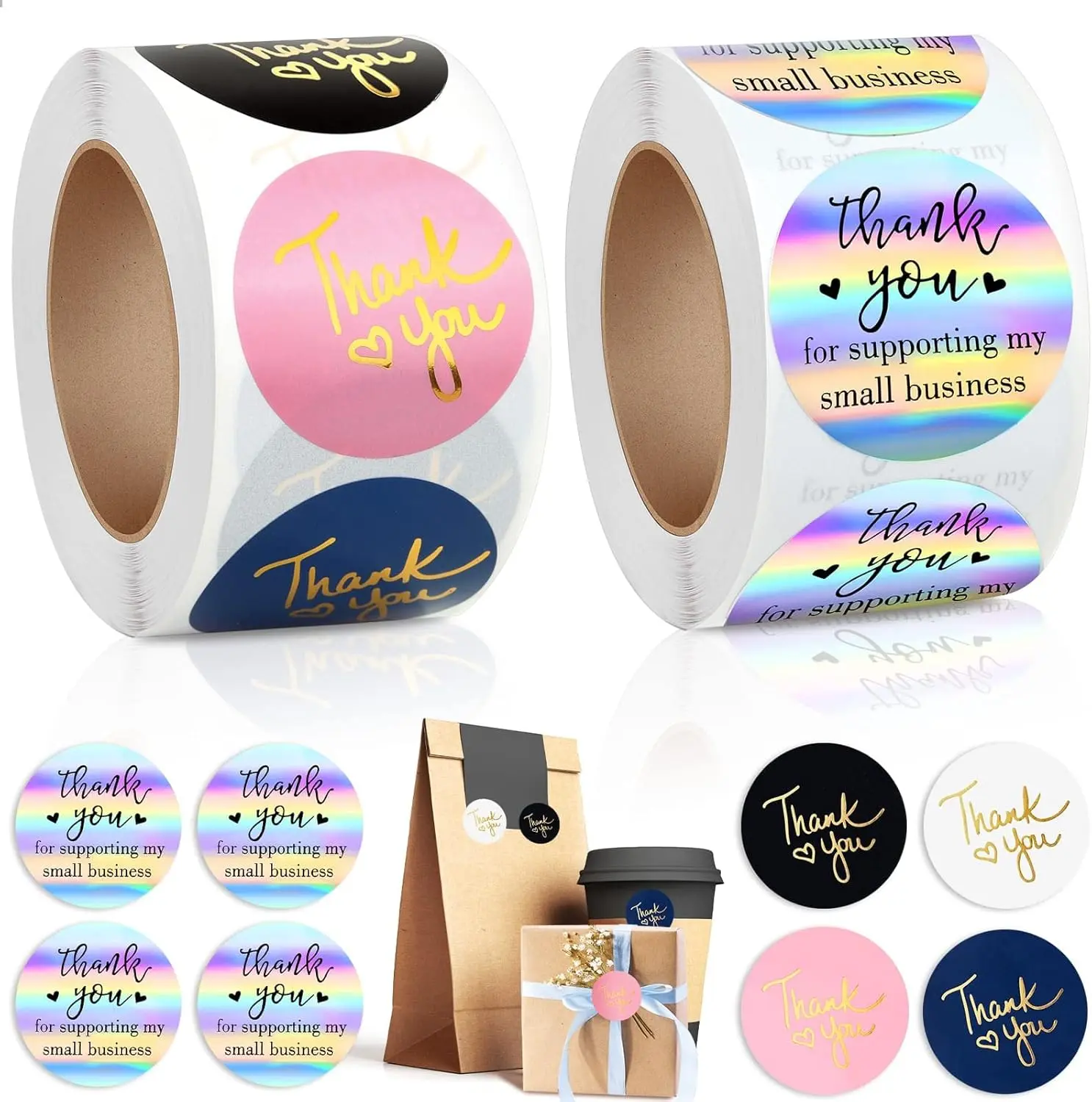 1000Pcs 1.5Inch Thank You Stickers, Holographic Thank You for Supporting My Small Business Stickers Thank You for Your Order Stickers Labels Packing Supplies for Baking Envelopes Gift Wraps Crafts Evatage