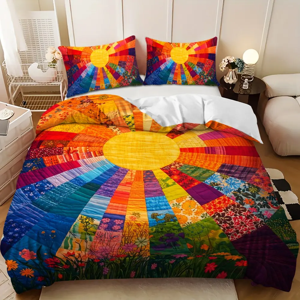 Bedding 3-piece set - 3PCS,colorful patchwork sunflower pattern down comforter set (1 comforter cover + 2 pillowcases, filling not included). soft and comfortable, suitable for family bedrooms.