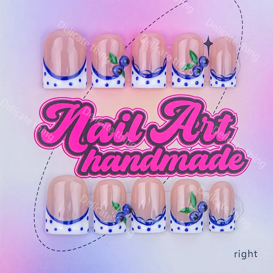 Delicatething Y2K Style Nail Set, Nail Art Handmade Press On Square Nails, Nail Tips, Blueberry & French Design, Nail Designs, XS-S-M-L Sizes, Perfect Gift for Girls, Nail Art Supplies