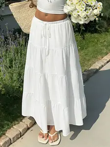 Women's High Waist Belted Drawstring Ruffle Hem Long Dress, Elegant Simple Casual Style, Plain Fitted Design, Perfect for Daily Wear, Skirt