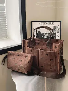 Fashion Versatile Multi-Pocket Tote Bag with Bow Pattern, Portable Mommy Bag with Small Pouch, Stylish and Practical Shoulder Bag