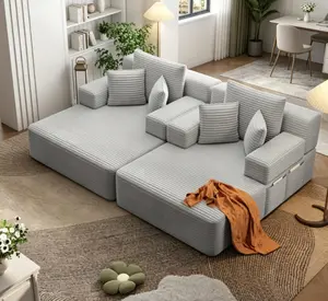 Oversized Double Chaise Lounge 2-Piece Set, Luxurious Plush Corduroy Convertible Sofa Bed with 6 Pillows and Storage Pocket, for Small Spaces,Home Theater, Living Room