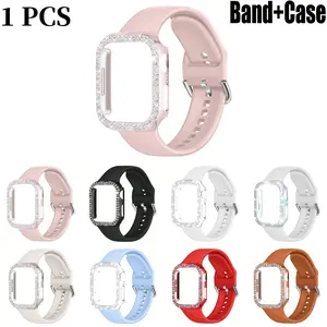 2 Counts/set Soft Silicone Sport Watch Strap and Bling Rhinestone Protective Case, Waterproof Adjustable Wristband and Anti-fall Protector for Apple Watch 38/40/41/42/44/45/46/49 mm, Compatible with Series 1–11, SE and Ultra
