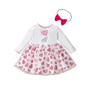 Toddler Girl Outfits Cute Elephant Heart Print Long Sleeve Tulle Dress + Headband Sets