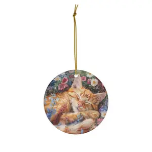 Ginger Kitty Ceramic Christmas Ornament - Cute Cat Christmas Decoration - Orange Cat Lover Gift - Circle, Heart, Oval, Star Shapes