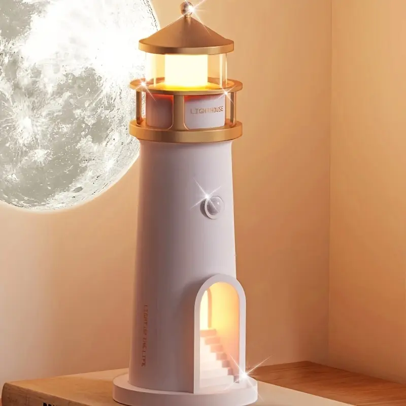 1 lighthouse night light, clear moon projection image, sensitive motion sensor switch and switchable brightness function, suitable for various ambiance settings, product's sealed packaging is more presentable