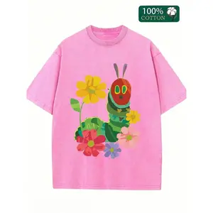 The Very Hungry Caterpillar Flower Graphic Washed T-Shirt Crew Neck Short Sleeve, Summer Graphic Tees, 230 Grams Heavyweight Casual