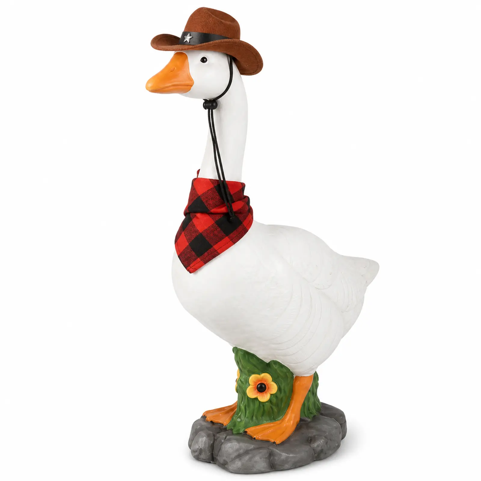 23.6-Inch Large Porch Goose Statue with Cowboy Hat and Plaid Bandana, 360° Adjustable Neck, Fillable Base, Weather-Resistant Outdoor Goose Decor for Porch, Garden, Patio and Entryway