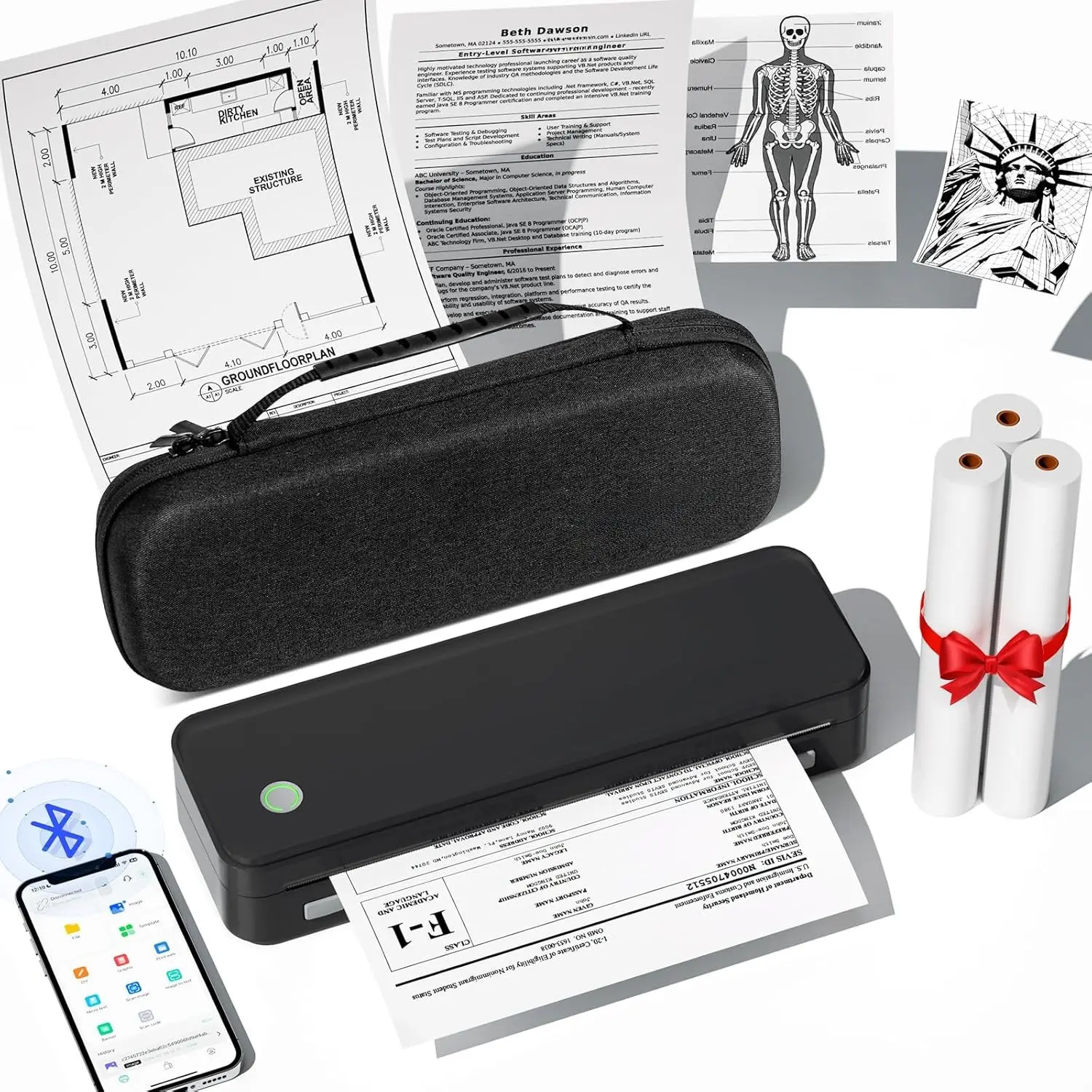 Inkless Portable Printer for Travel,  Thermal Printer Supports 8.5 x 11 Inch Thermal Paper,  Machine Includes Carry Case and 3 Rolls of Paper Kit, Black