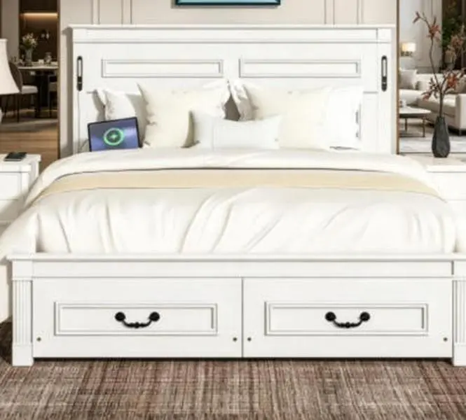 Queen Size Pinewood & Premium Composite Wood Bed Frame - Tall-Panel Headboard, Footboard, 2 Storage Drawers, Built-In LED Lights, USB Charging Station, Strengthened Structure for Farmhouse Themed Home Decor Styles, Farmhouse Home Decor, Modern Farmhouse D