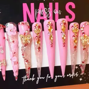 5XL Stiletto Nails - Press On Decorated with Flowers and Gold Accents - Thank You for Your Order Message Included