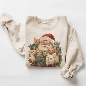 Retro Santa Claus & Kittens Christmas Winter Sweatshirt - 90s Old Saint Nick Gift For Cat Lovers Outfit - Boho Unisex Crewneck Sweatshirt