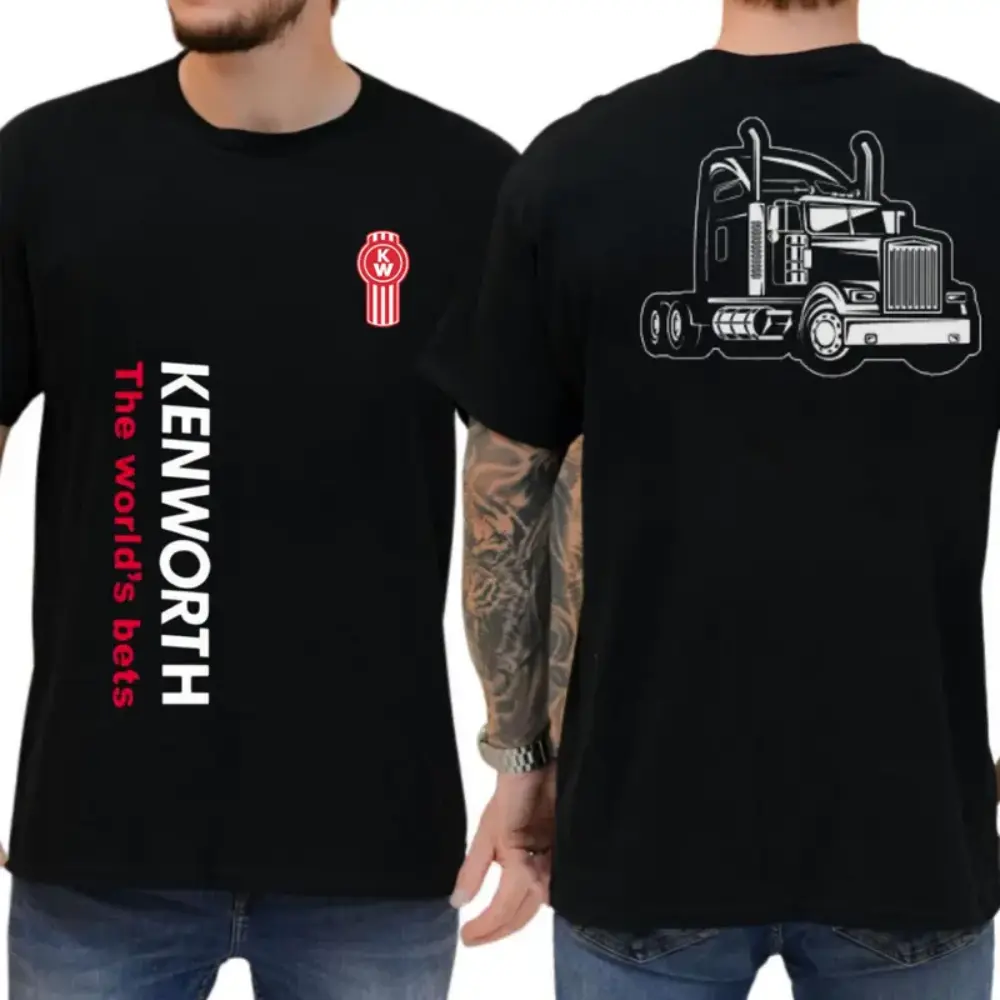 Kenworth Logo T-Shirt, Black Tee with Semi Truck Outline Graphic, The World’s Best Diesel Rig Work Shirt, For Trucker Drivers & Big Rig Enthusiasts
