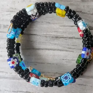 Black Seed Bead Memory Wire Bracelet with Multicolored Millifiori beads seed bead bracelet seed bead jewelry one size fits all