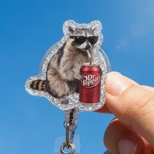 Raccoon Dr P333pper Badge Reel, Retractable ID Holder, Caffeine Humor ID Clip
