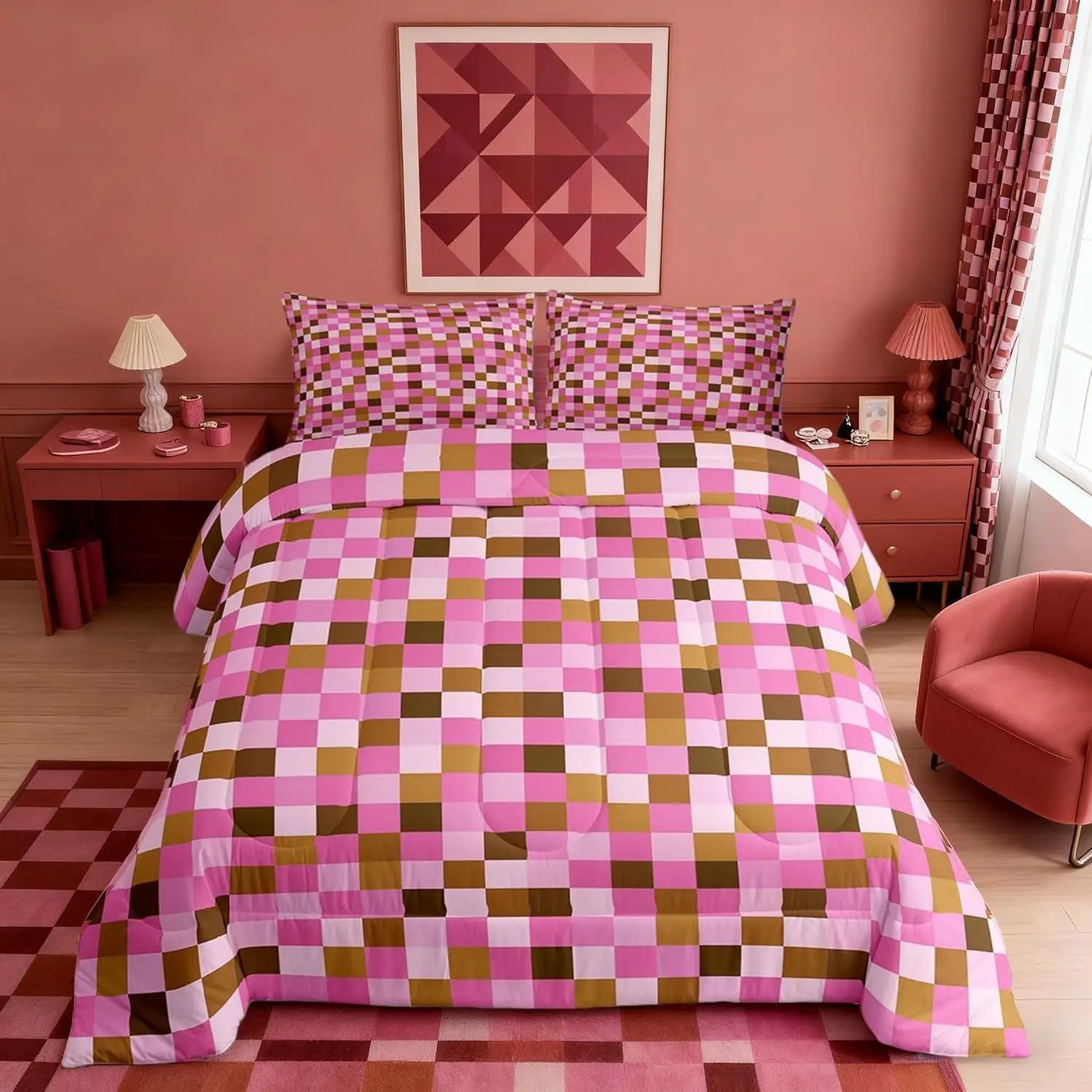 Pixel Grid Theme Kids Comforter Set,Cartoon Gamepad Bedding Set for Teens Adults Bedroom Decor,Abstract Simple Duvet Insert,Brown Pink Quilted Duvet Set