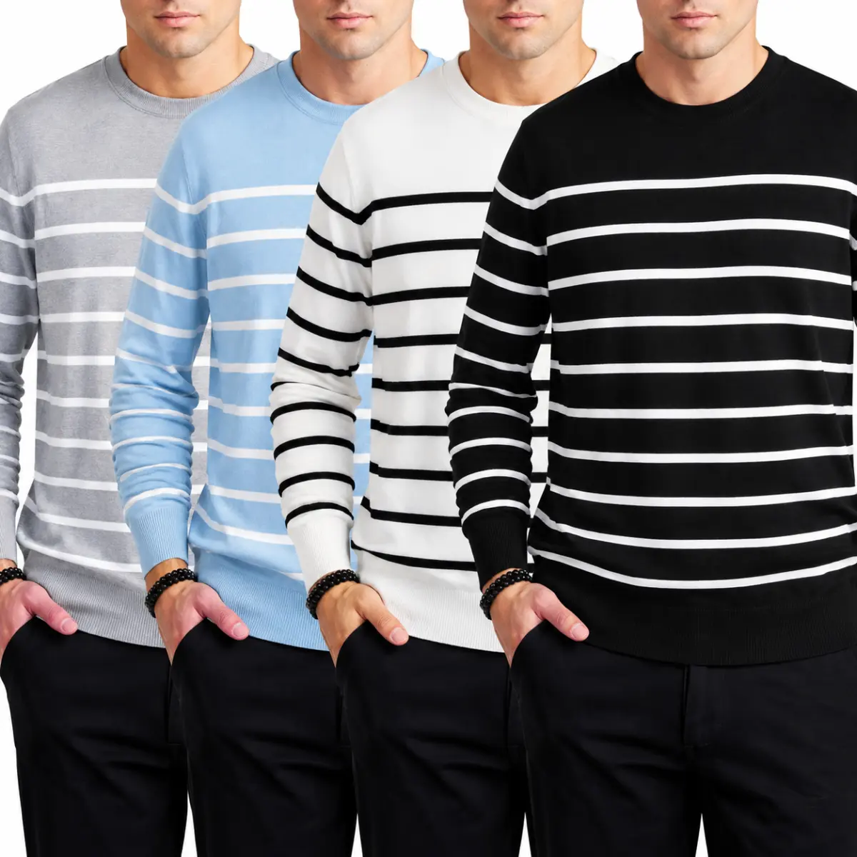 Men's Unisex Horizontal Striped Crew Neck Long Sleeve Loose Polyester Knit Pullover, Casual Daily Wear Layering Top for Fall Cozy Weather