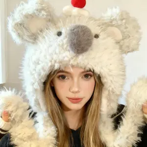 Cute Koala Plush Hat with Moving Ears for Women, Warm and Protective for Autumn and Winter, Sweet and Versatile, Lei Feng Hat