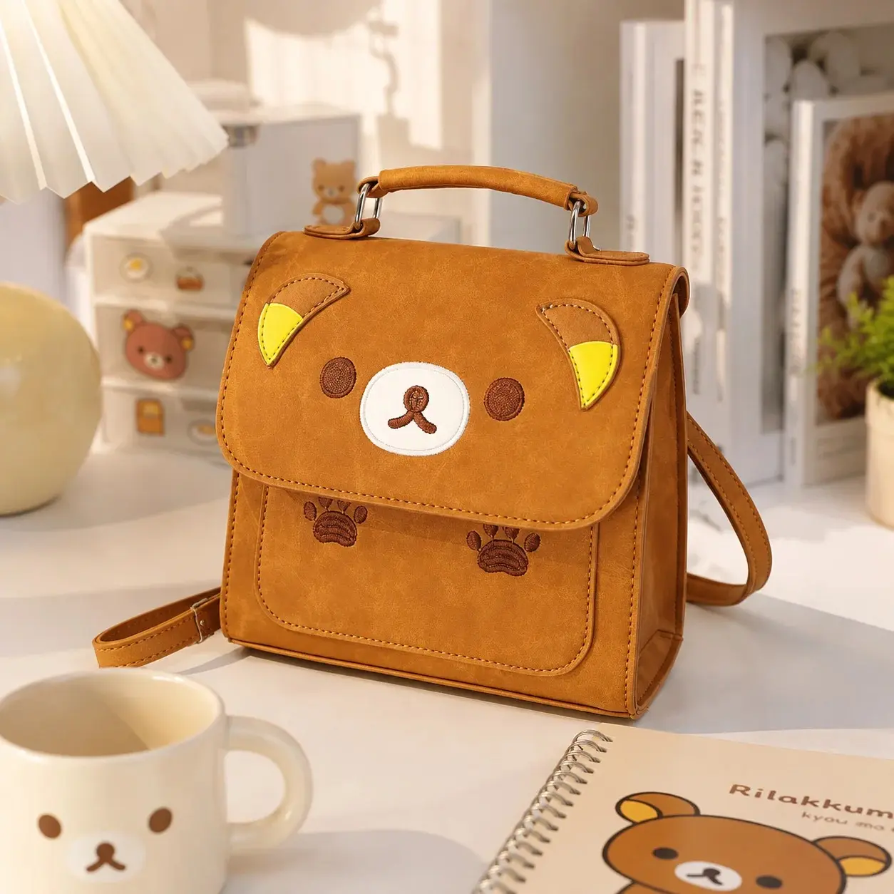 Cute Rilakkuma Embroidered Backpack Multi-use Cartoon Handbag Crossbody Shoulder Bag Casual Daily Bag Gift For Women Girls