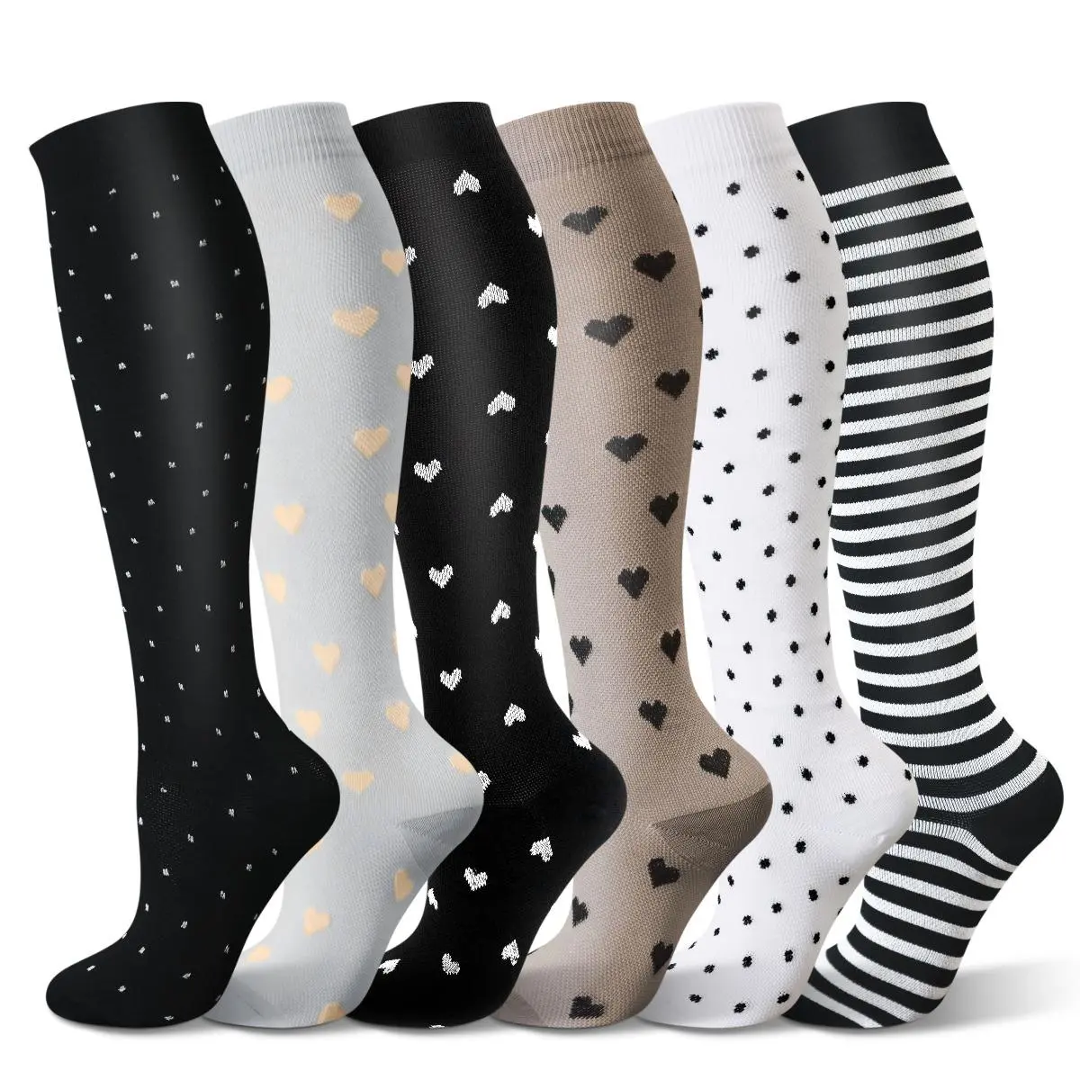 Compression Socks 15 - 25mmHg Knee High 6 - Pack Striped Heart Patterns Multi - Color Moisture - Wicking for Running Riding All Seasons