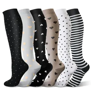6-Pack Compression Socks 15-25mmHg Knee High Striped & Heart Patterns for Running Riding All Seasons Multi-Color Graduated Support Moisture-Wicking Fun Design