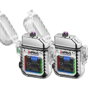 Waterproof Luminous Lighter of Flashlight Windproof Arc Lighters Dual Arc Plasma (Sliver, 2Packs)