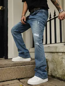 Men's Blue Distressed Flare Stretch Denim Jeans, Pants, American Street Style with Zipper Fly, Versatile Casual Fashion for All Seasons, Streetwear