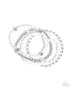 Ringing Endorsement - White Seed Bead Silver Stretchy Bracelet Set - Paparazzi
