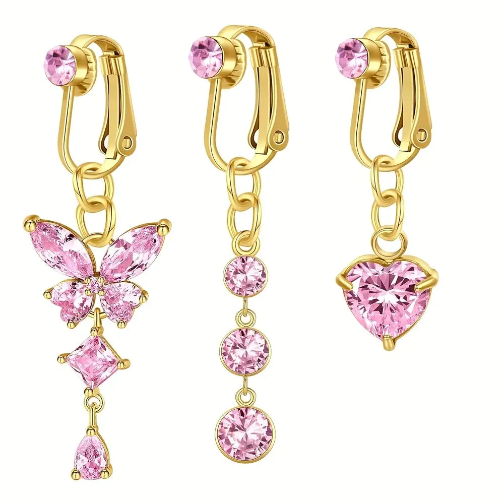 Coachella Vibes Y2K Pink Fake Belly Button Ring Clip on CZ Dangle Heart Non Piercing Jewelry for Women Music Festivals Party Hypoallergenic Stainless Steel