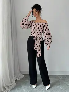 Women's Off Shoulder Long Sleeve Solid Color Patchwork Tie-Up Jumpsuit, Minimalist Casual Fall Outfit