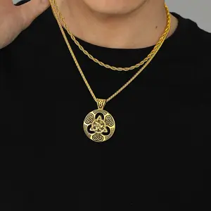 U7 Celtic Triquetra Knot Necklace Mens Amulet Pendant Necklace Stainless Steel Big Round Pendant for Men Women