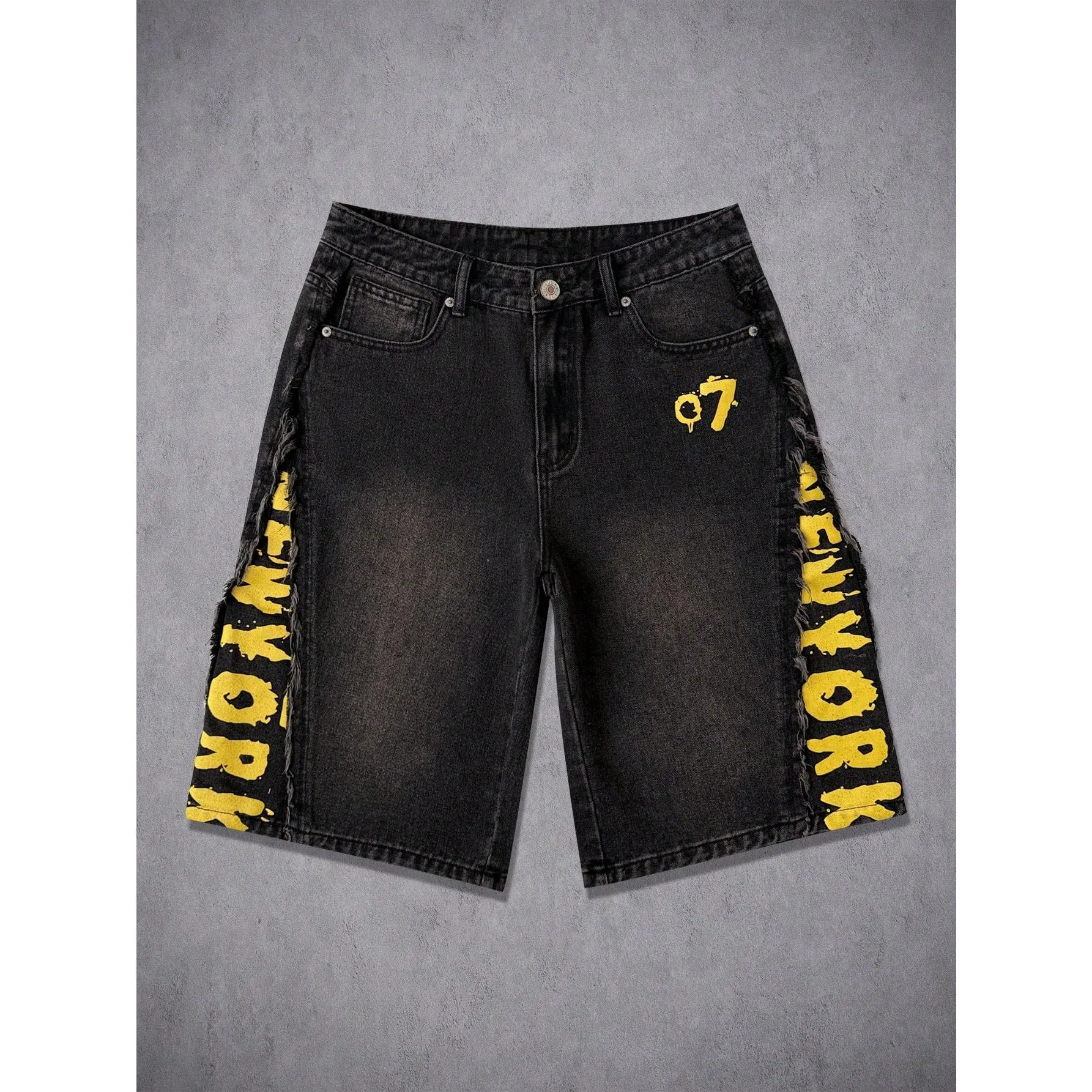 Men's Denim Shorts, Aesthetic Streetwear Graphic Bermuda in Washed Black, Oversized Wide Leg Fit with Frayed Hem, Menswear, Casual, Sneakers, Retro Style, 90S Look, Relaxed Fit, Raw Hem, 90S Grunge, Bermuda Length, Cold Wash, Iron On Low Heat, Loose Fit S