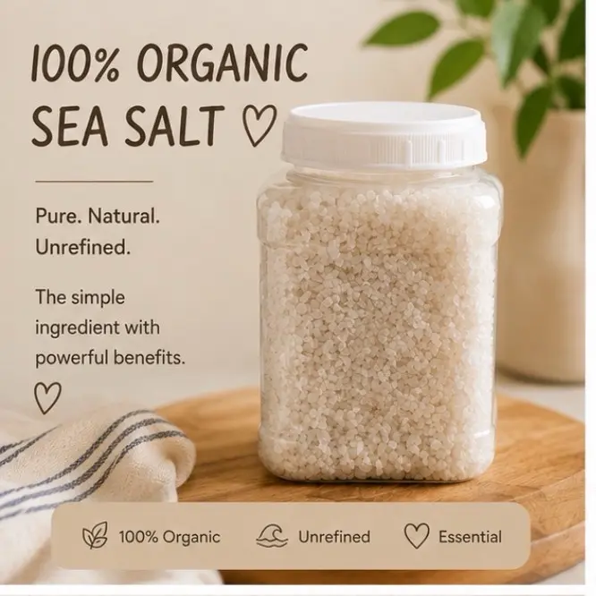 100% Organic Sea Salt, Unrefined Natural Salt for Cooking, Baking & Seasoning