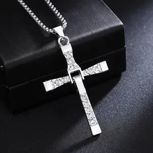 Cross Pendant Necklace Foldable Pendant Gold Silver Plated Necklace Men's Jewelry Rhinestone with Box