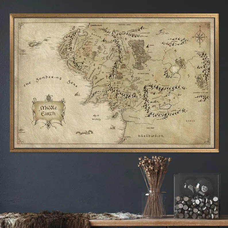 Middle Earth Map Wall Art, Vintage Fantasy World,  Inspired Decor, Quality Paper 8x12 to 27x40