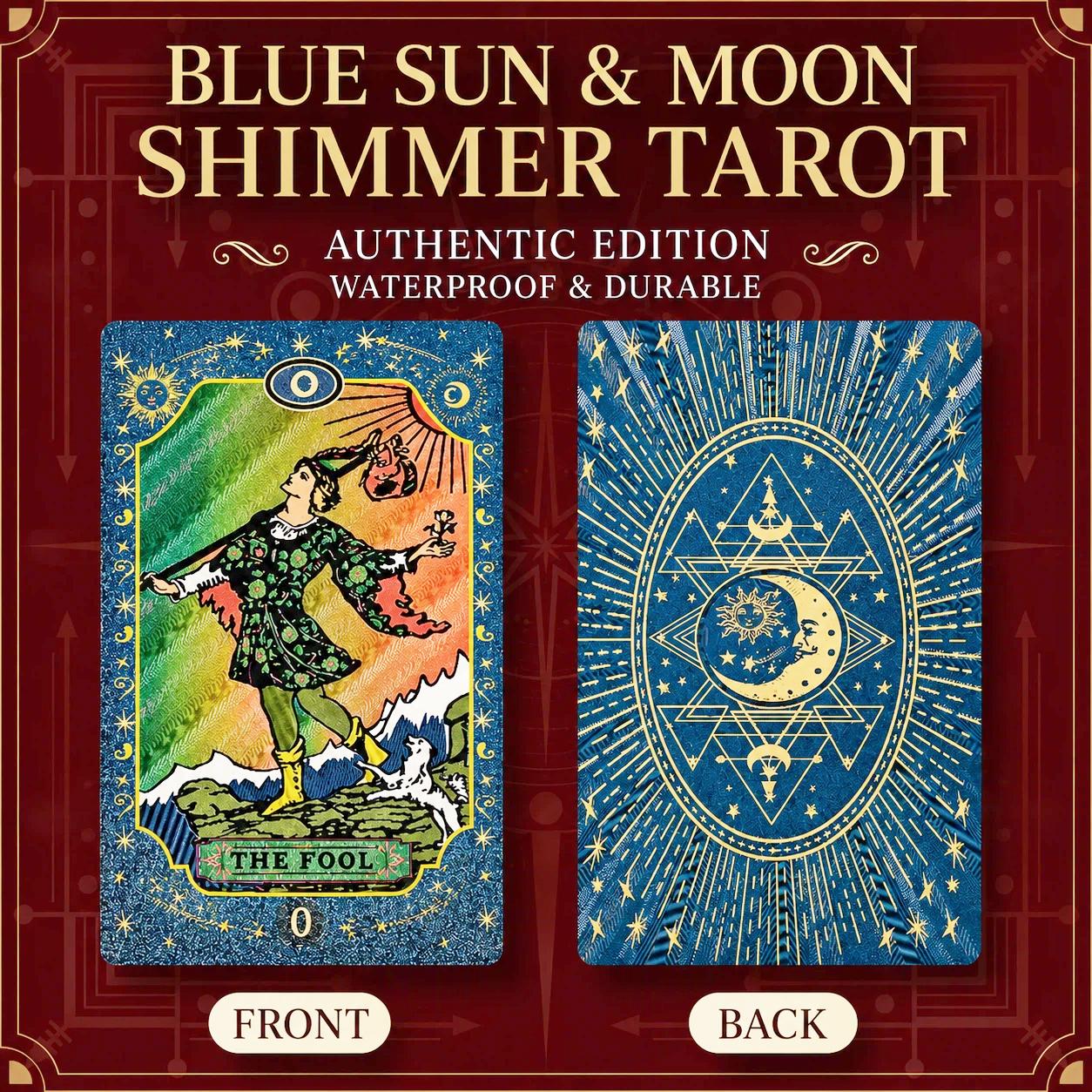 Tarot Cove Blue Sun & Moon Shimmer Tarot Deck Waterproof Durable Rider-Waite Divination Cards Set for Beginners & Experienced Readers