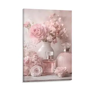2D Flat, 1pc Frameless Canvas Wall Art - Vintage Floral Perfume Bottle with Pink Roses, Pastel Suitable for Home, Office, Decor, Minimalist Frameless for Modern Bedroom, Elegant Decoration, pink poster,2D Flat