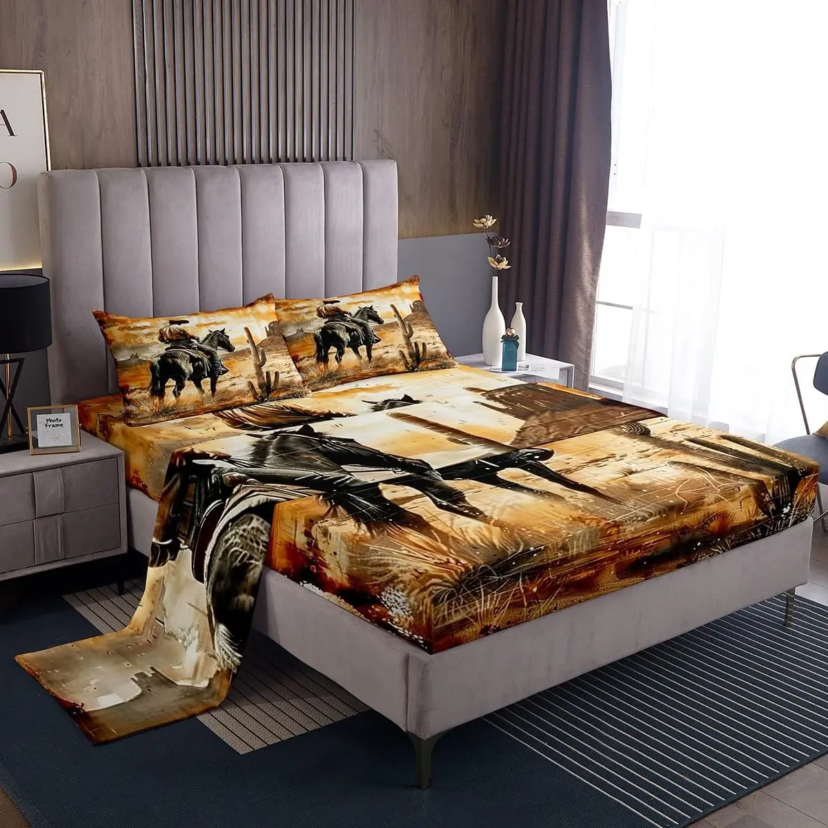 Western Cowboy Sheet Set Vintage Wild West Bed Sheets Set American Rustic Desert Flat Fitted Sheet Native Botanical Country Deep Pocket Lodge Cactus Sheets
