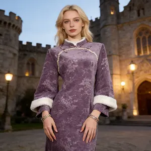 Lavender Plum Blossom Qipao | Double Layer Sleeve Jacquard Fall Cheongsam